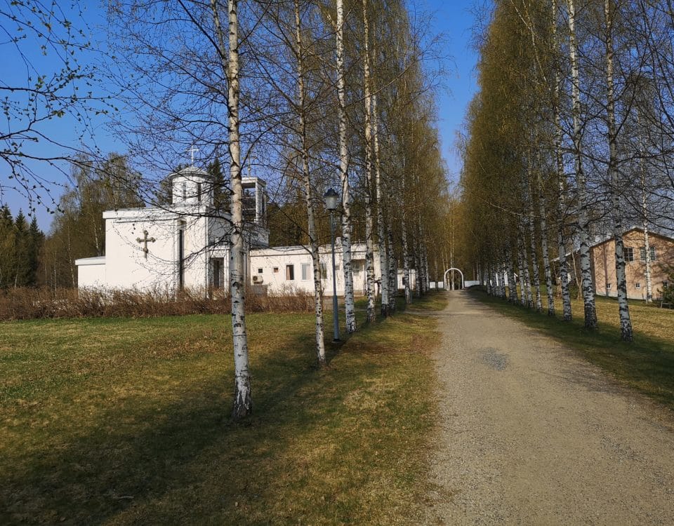 Luostarin kirkko ja koivukuja varhain keväällä ennen lehtien puhkeamista.